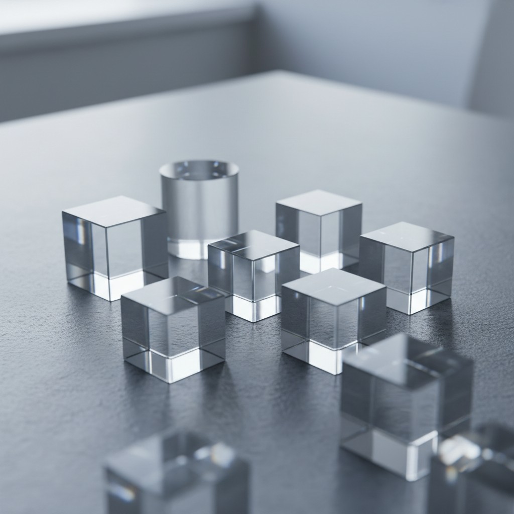 A 3D rendering of rectangular silver geometric shapes and a silver cylindrical object situated on a dark-gray textured sur...