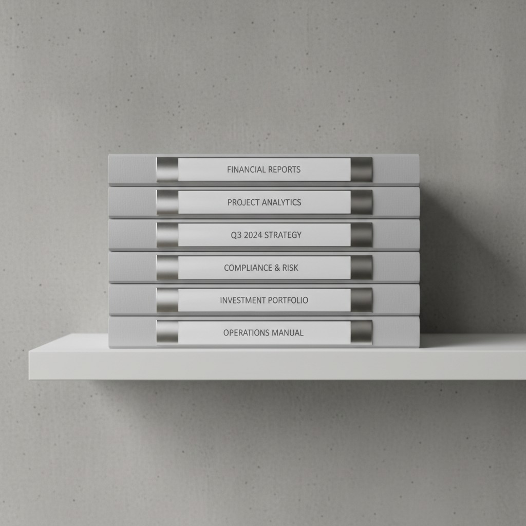 Stack of six light gray binders on a wall shelf, each with a white label featuring a different title written in black prin...