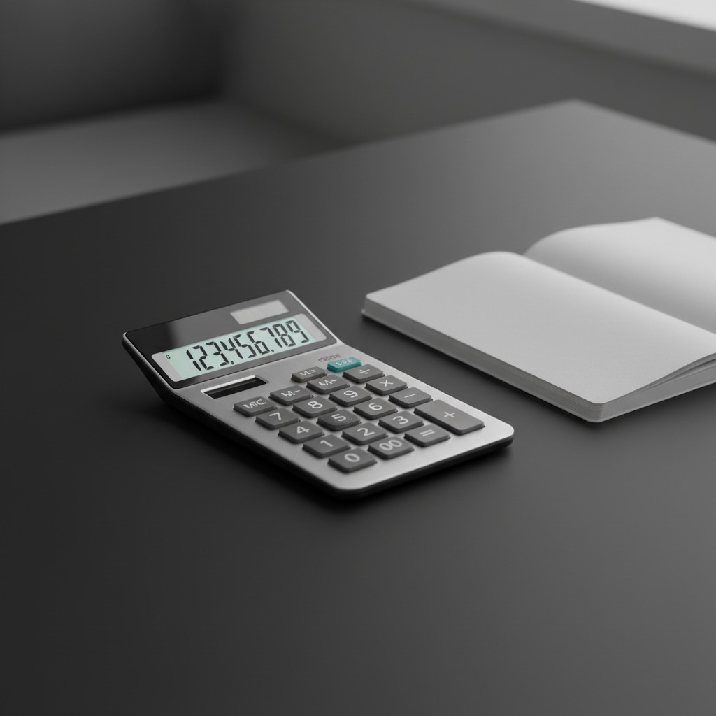 Calculator and notebook on a table near a window. The overall tone appears to be neutral. Neutral and muted colors are use...